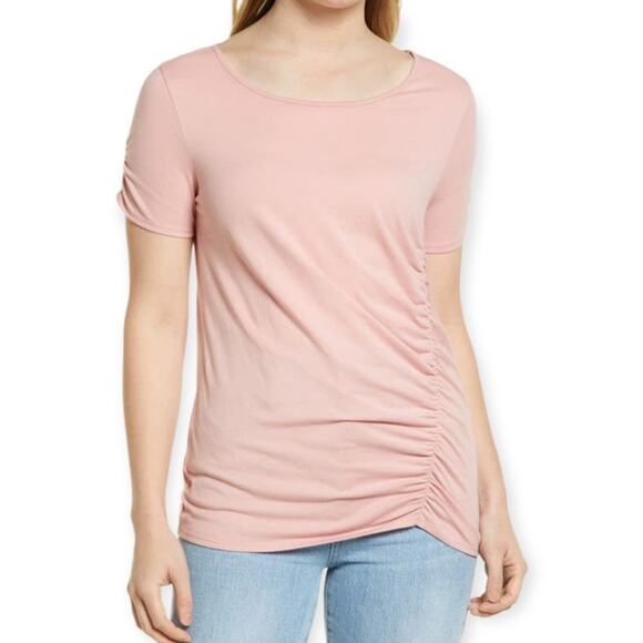 Caslon Ruched Knit Short Sleeve T Shirt Pink Bride Size XXS NWT $39 MSRP - Picture 1 of 4